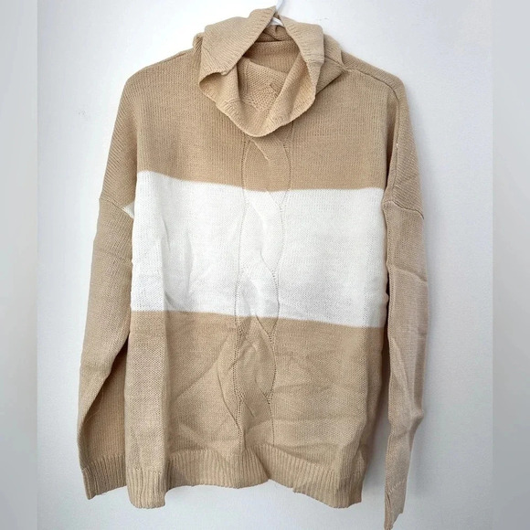 Colorblock Cable Knit Long Sleeve Pullover Top Cowl Neck Sweater - Picture 2 of 5